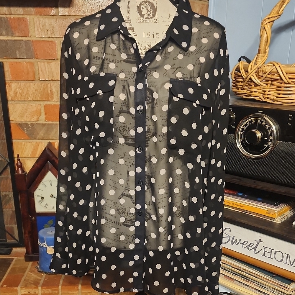 Old Navy Navy Blue and White Polka Dot Blouse
